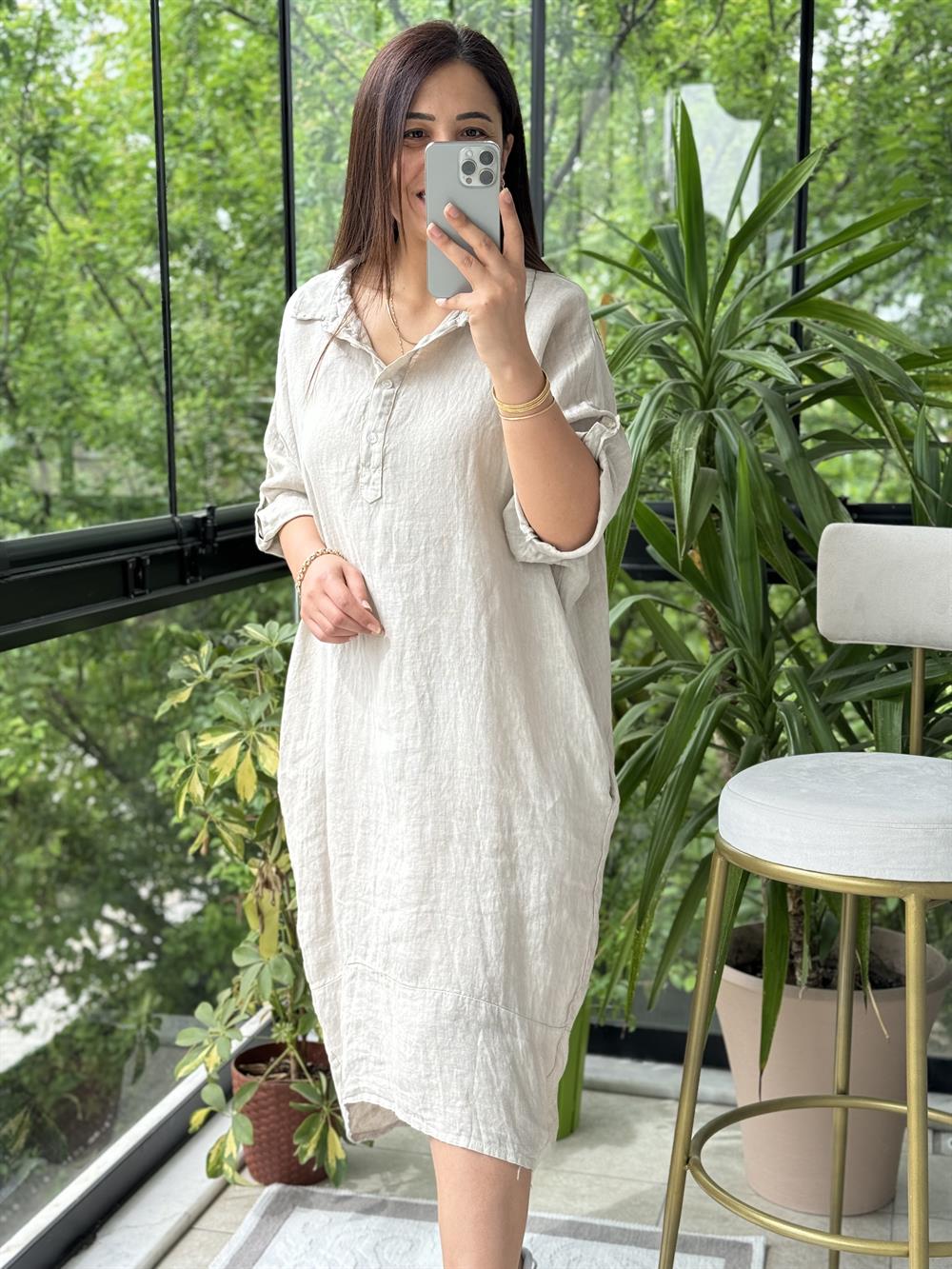 Halkalı Uzun Keten Elbise Krem