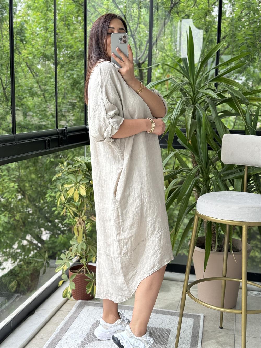 Halkalı Uzun Keten Elbise Krem