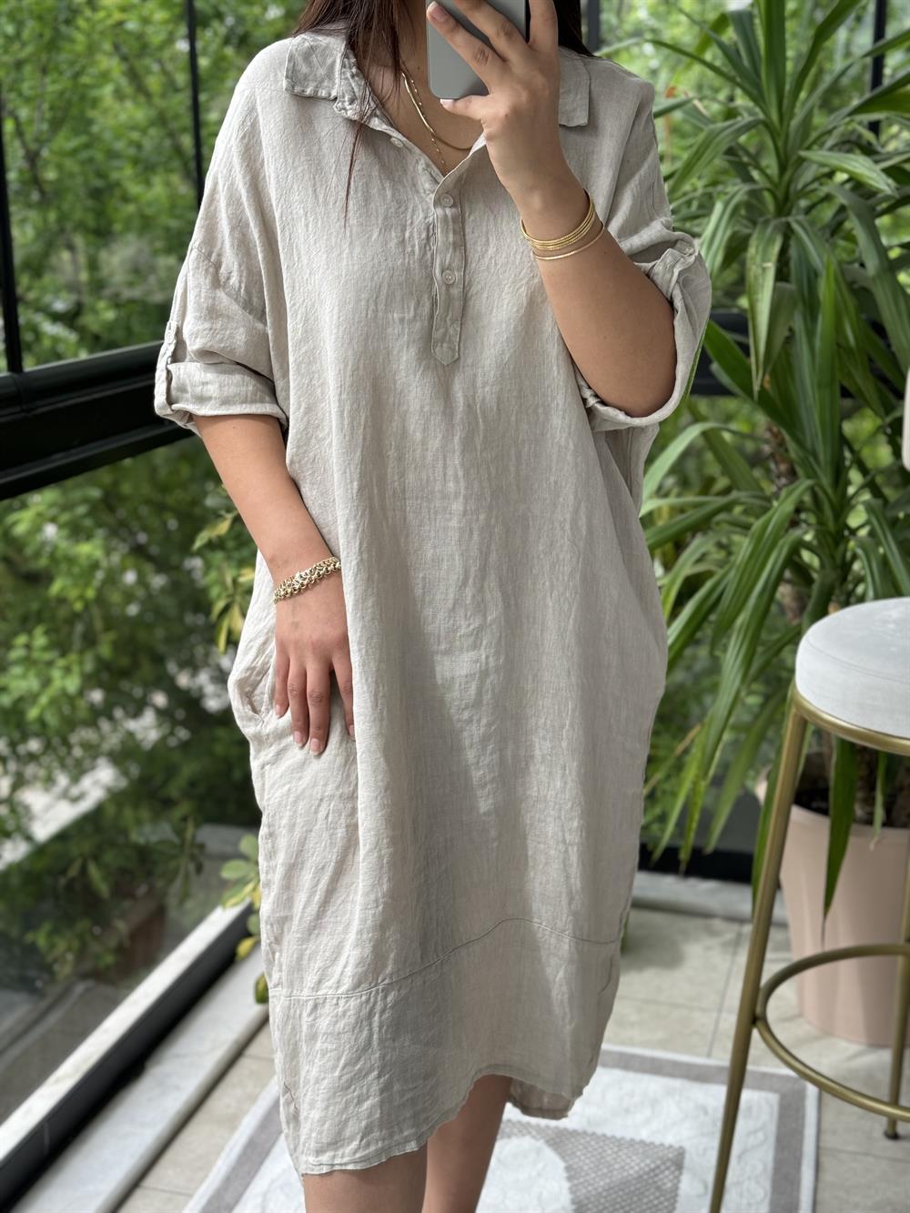 Halkalı Uzun Keten Elbise Krem