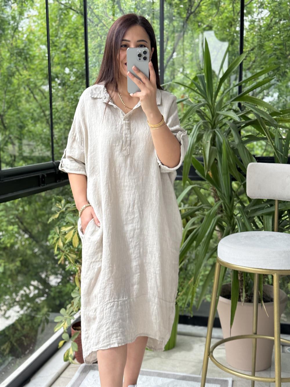 Halkalı Uzun Keten Elbise Krem