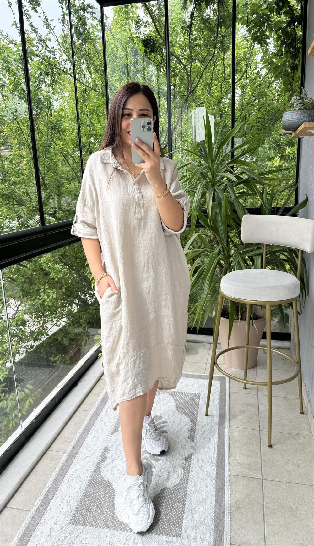 Halkalı Uzun Keten Elbise Krem