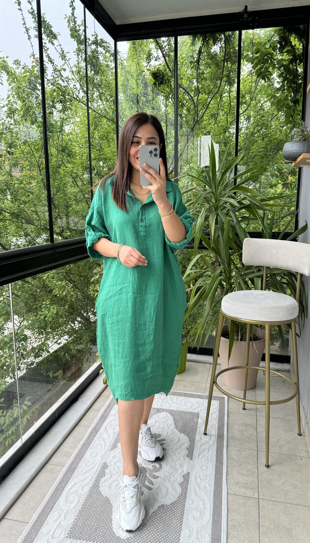 Halkalı Uzun Keten Elbise Yeşil