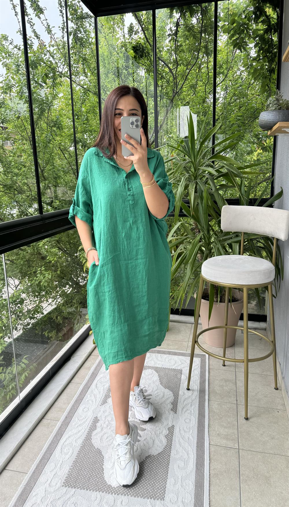 Halkalı Uzun Keten Elbise Yeşil