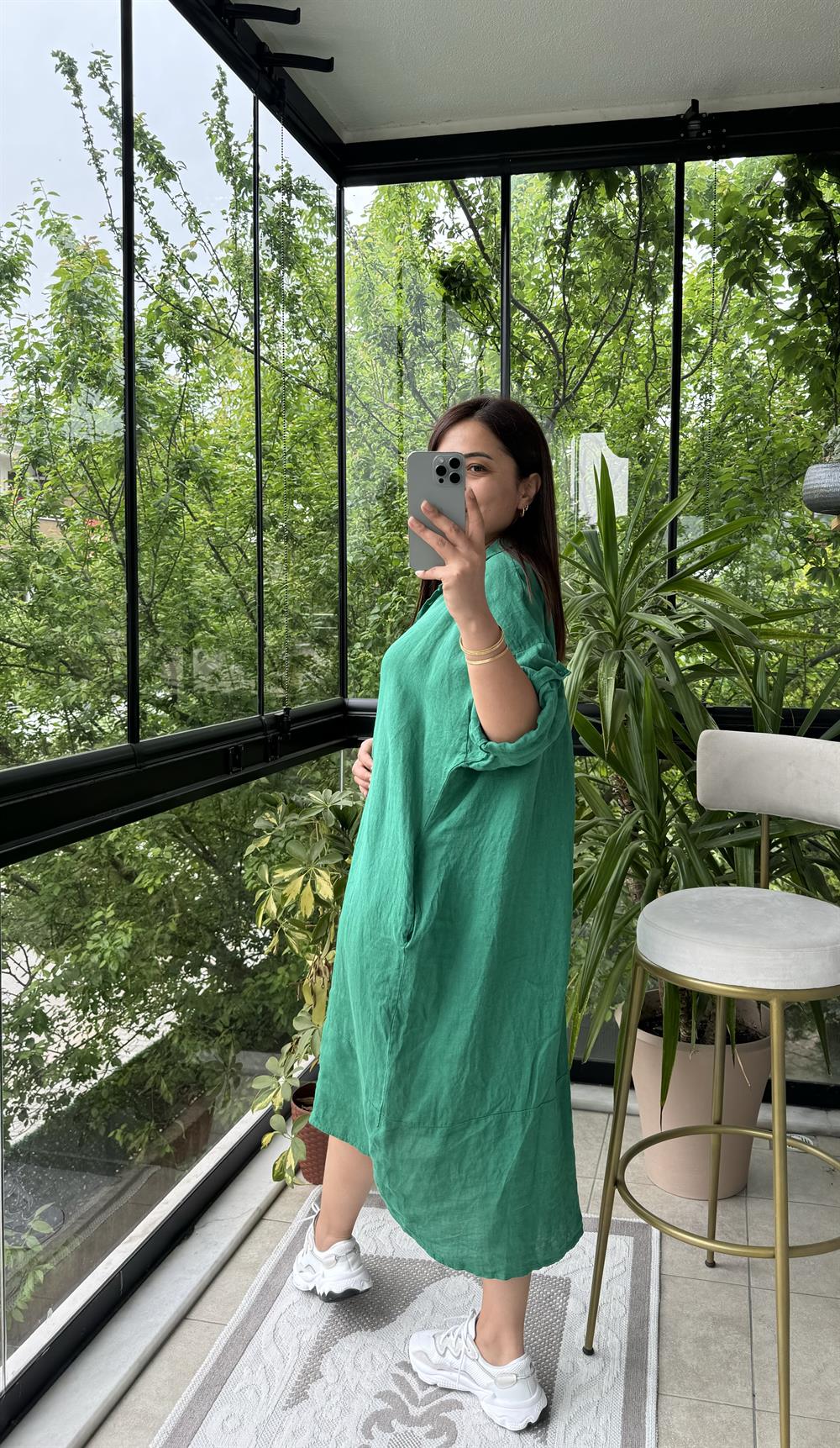 Halkalı Uzun Keten Elbise Yeşil