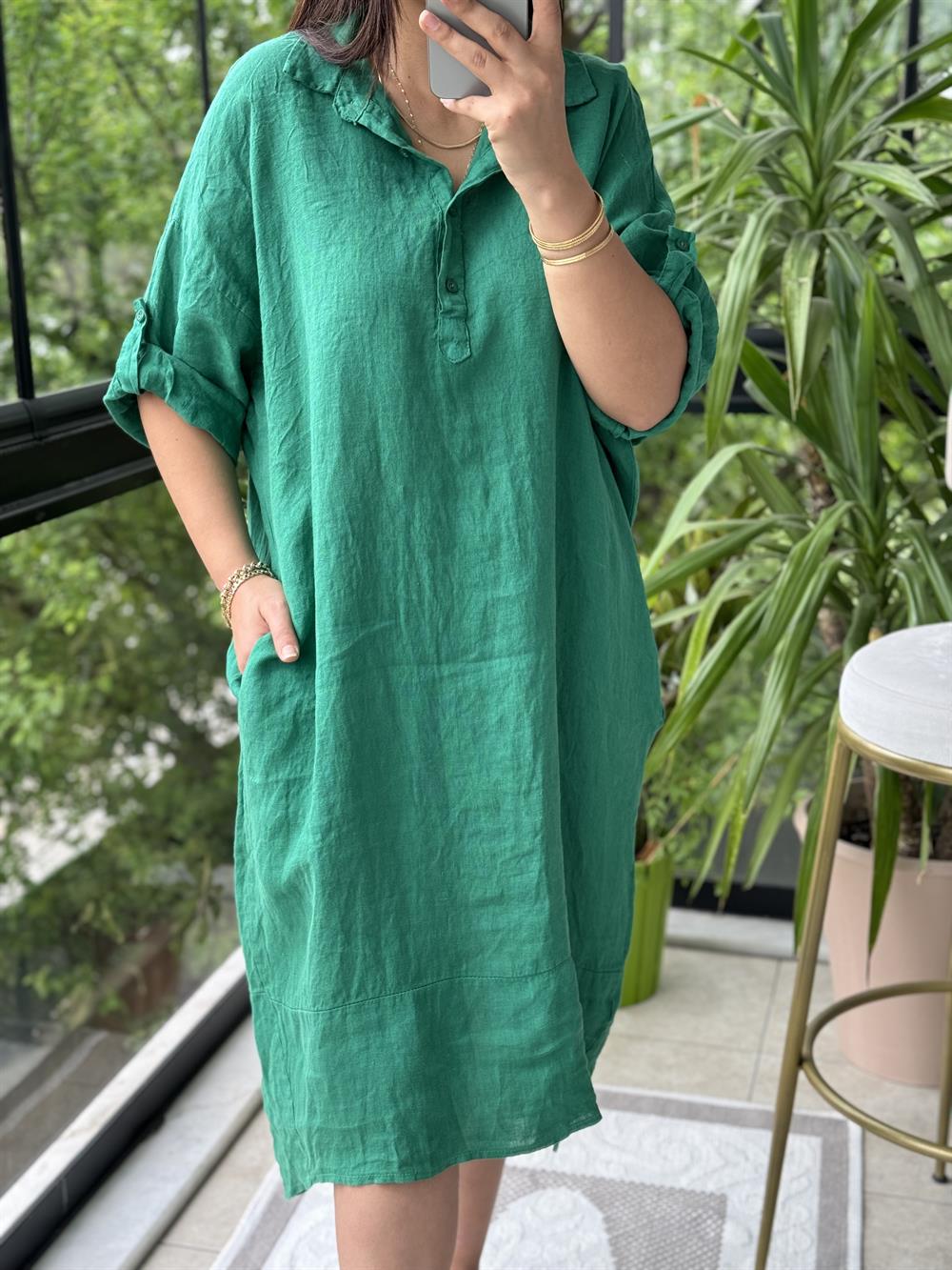 Halkalı Uzun Keten Elbise Yeşil