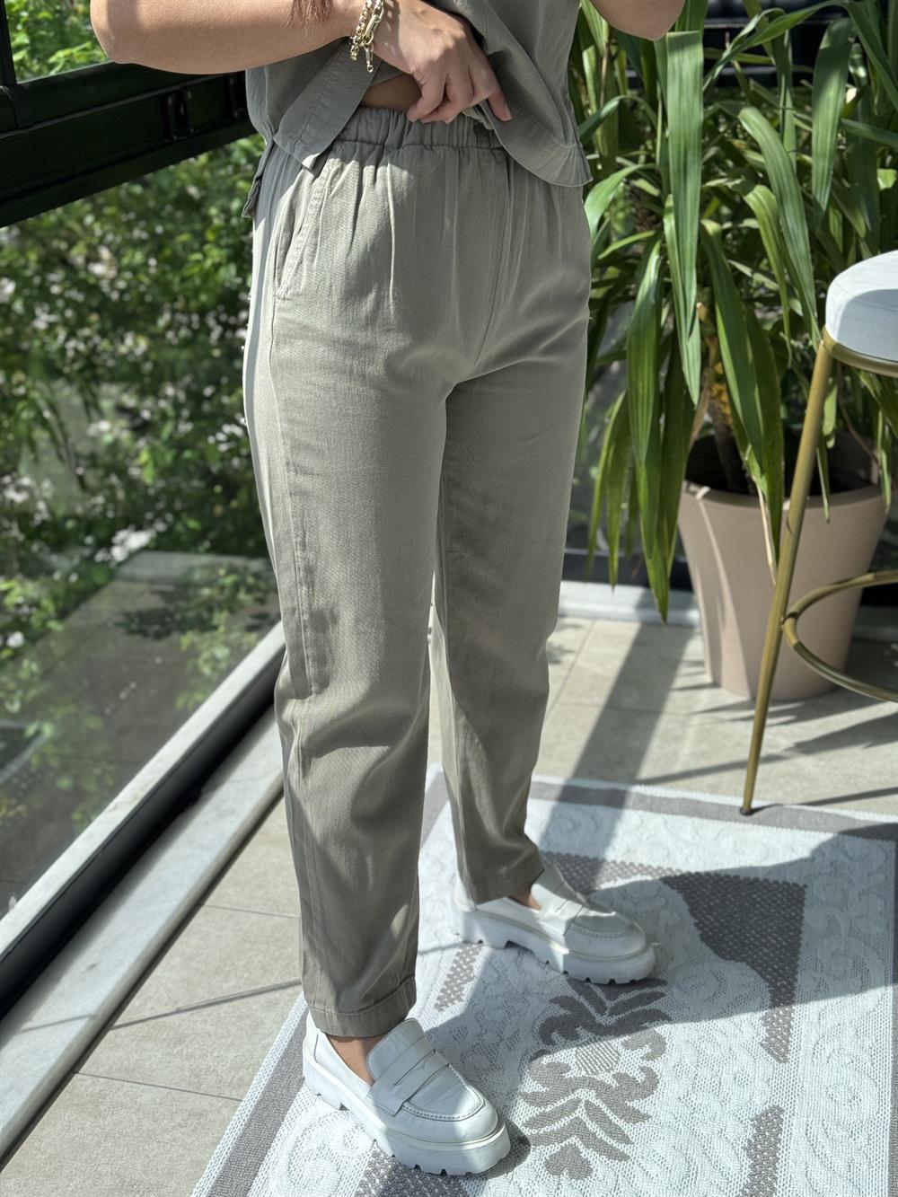 Havuç Keten Pantolon Haki Yeşili