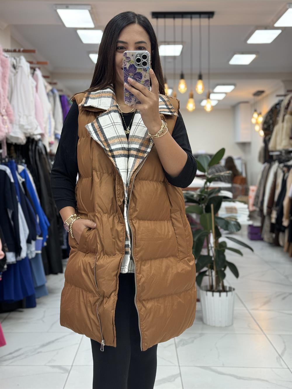 İçi Ekose Polar Yelek Kahve