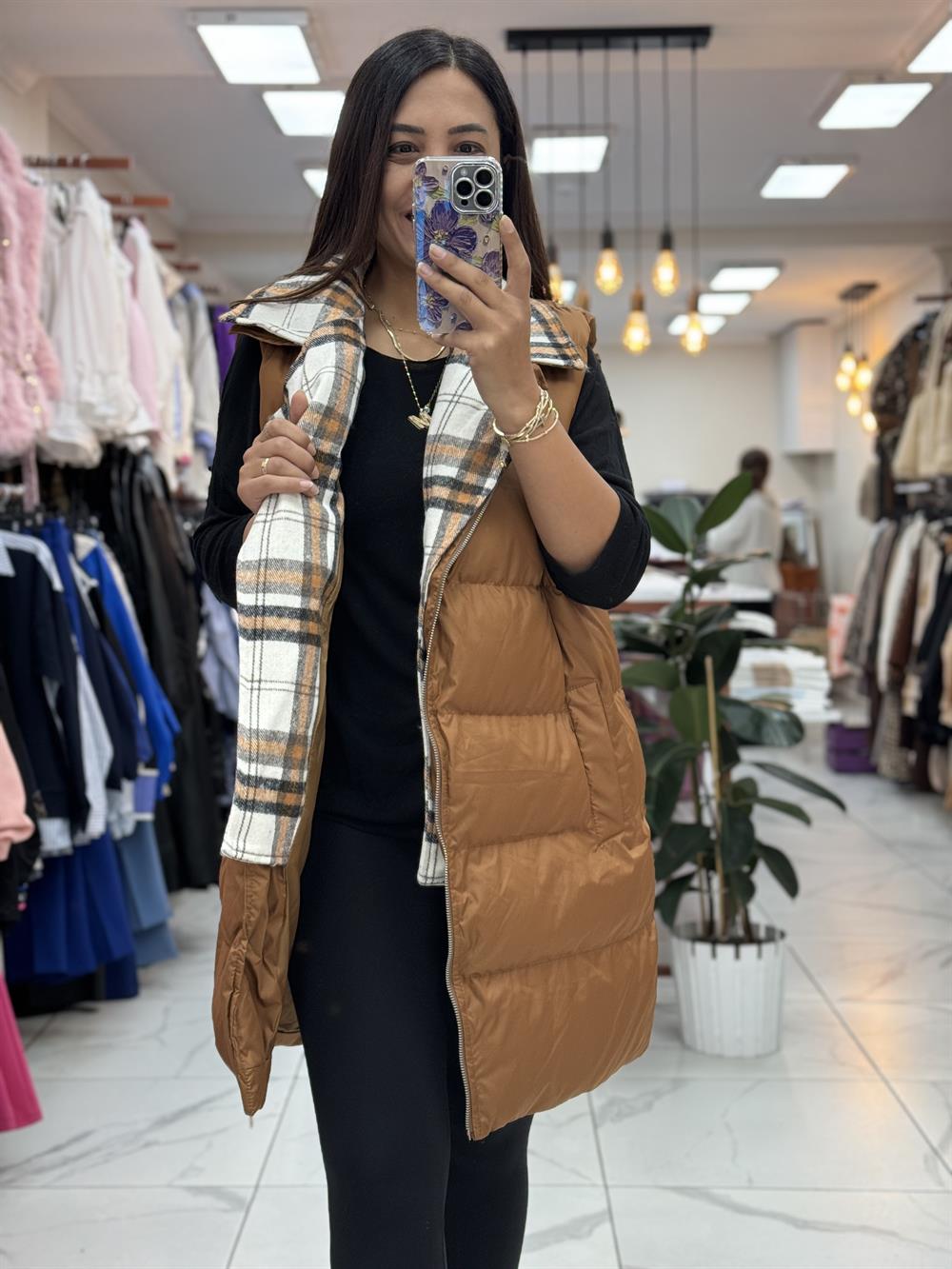 İçi Ekose Polar Yelek Kahve