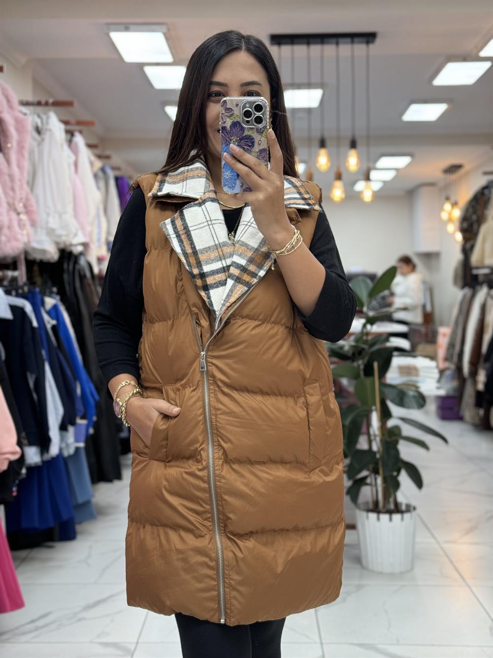 İçi Ekose Polar Yelek Kahve