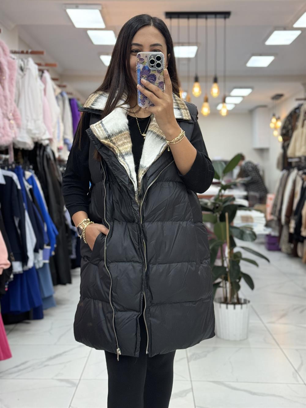 İçi Ekose Polar Yelek Siyah