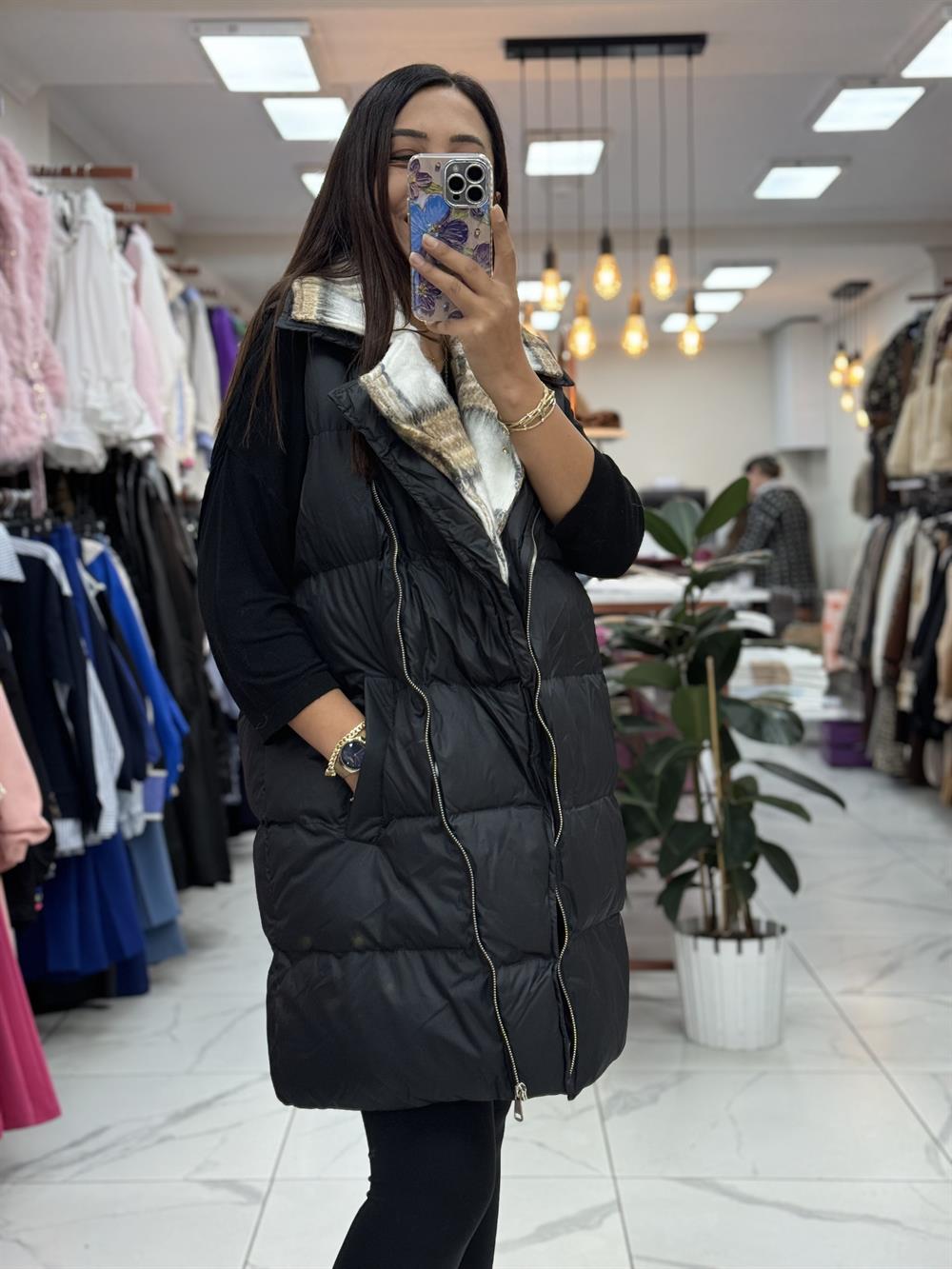 İçi Ekose Polar Yelek Siyah