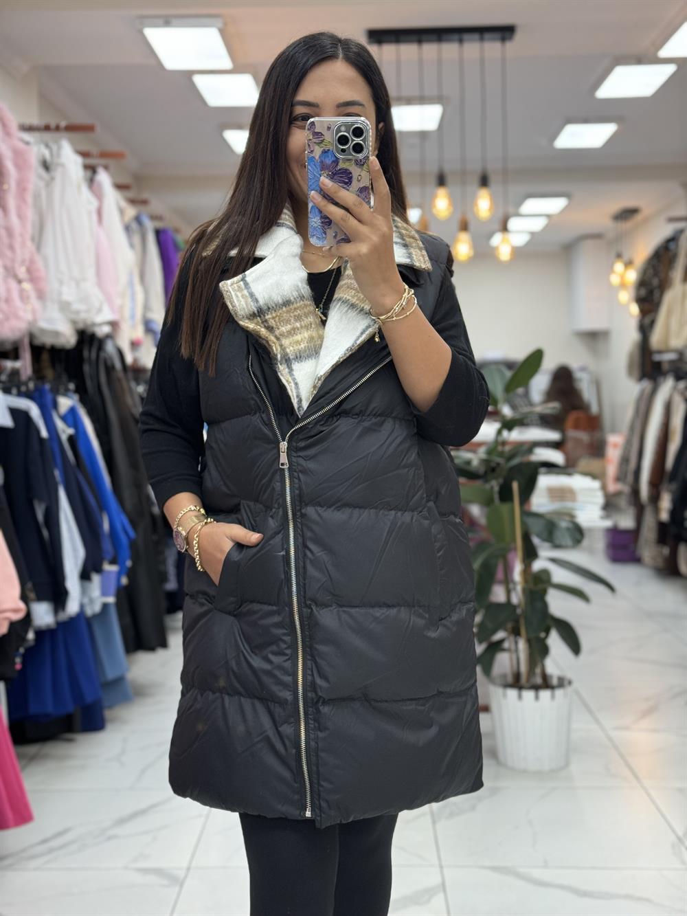 İçi Ekose Polar Yelek Siyah