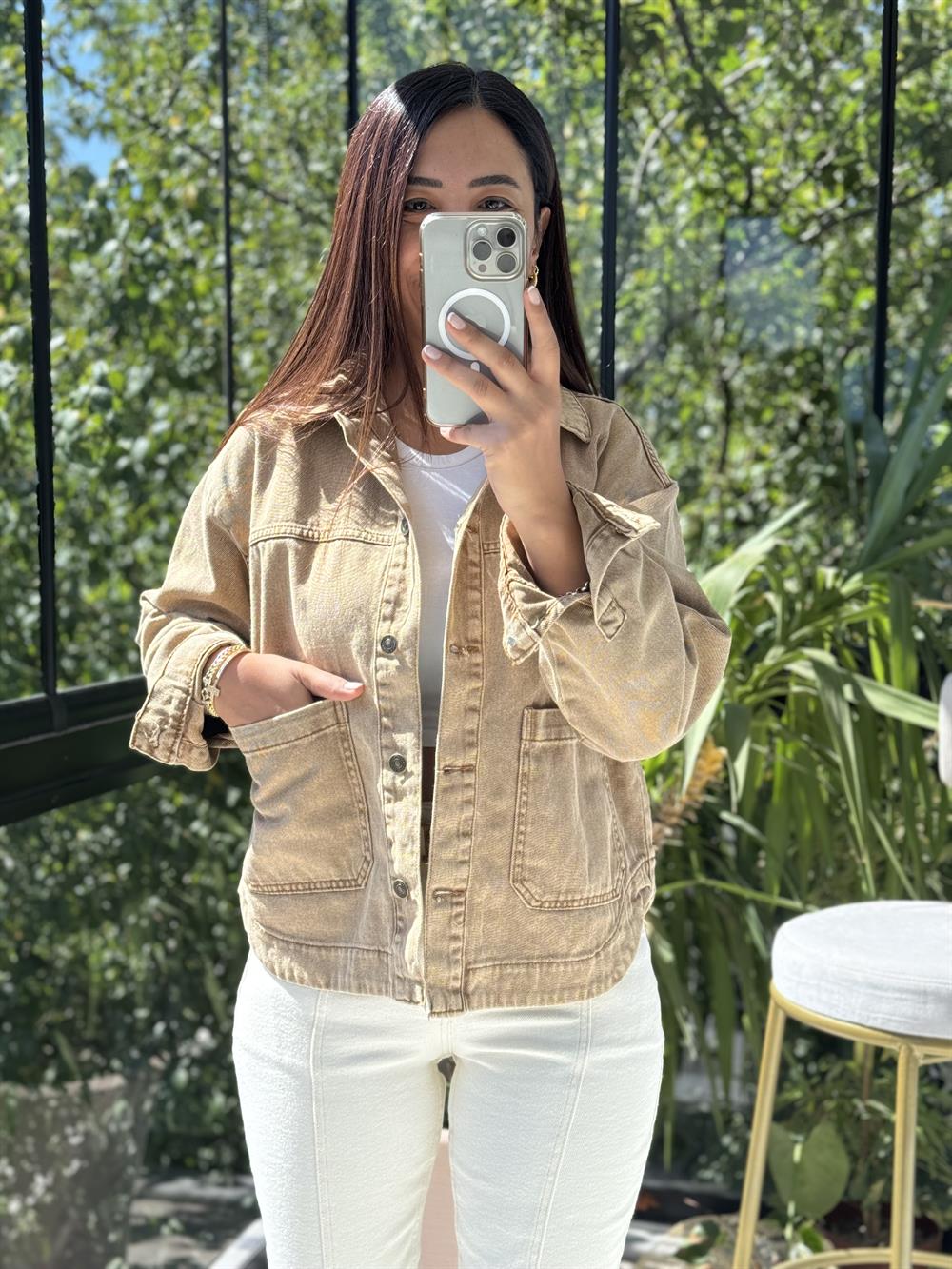 İki Cepli Denim Ceket Camel