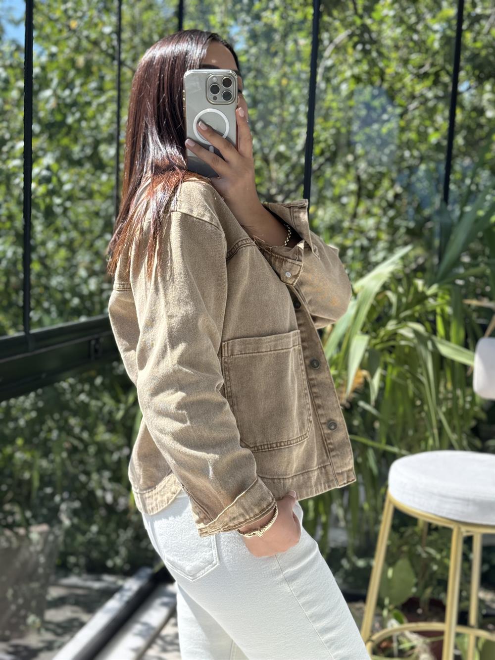 İki Cepli Denim Ceket Camel