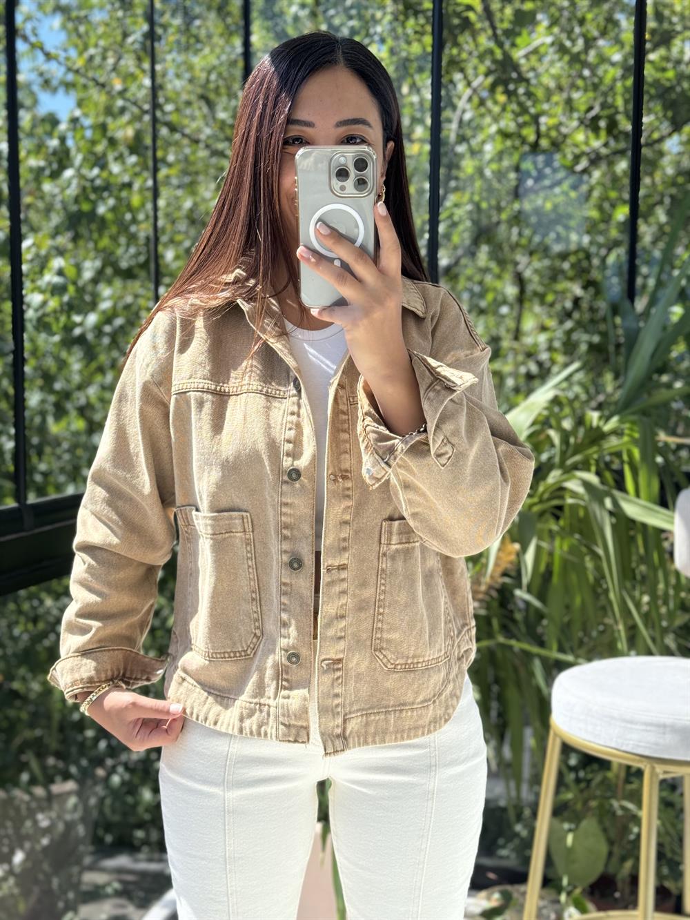 İki Cepli Denim Ceket Camel