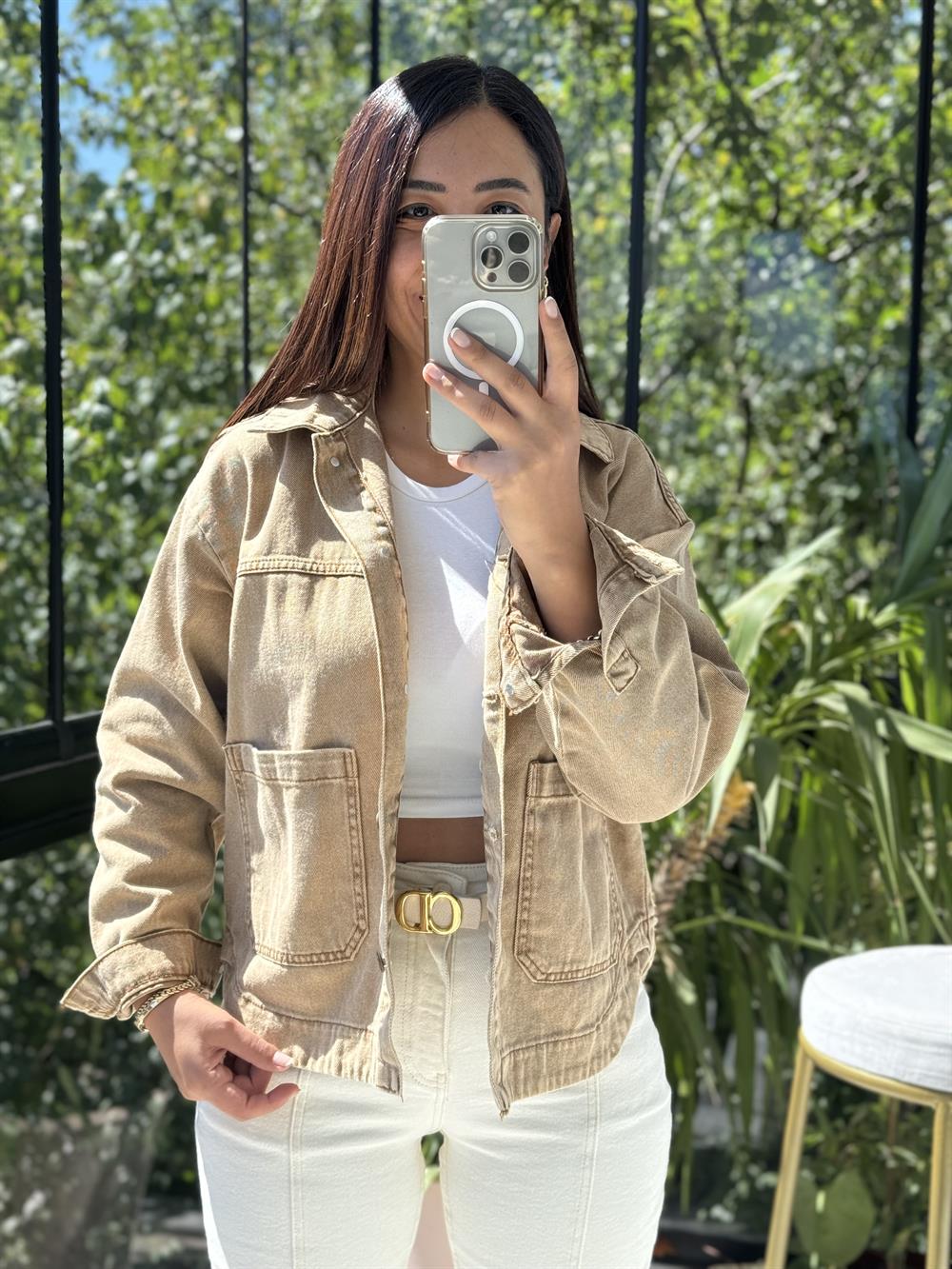 İki Cepli Denim Ceket Camel