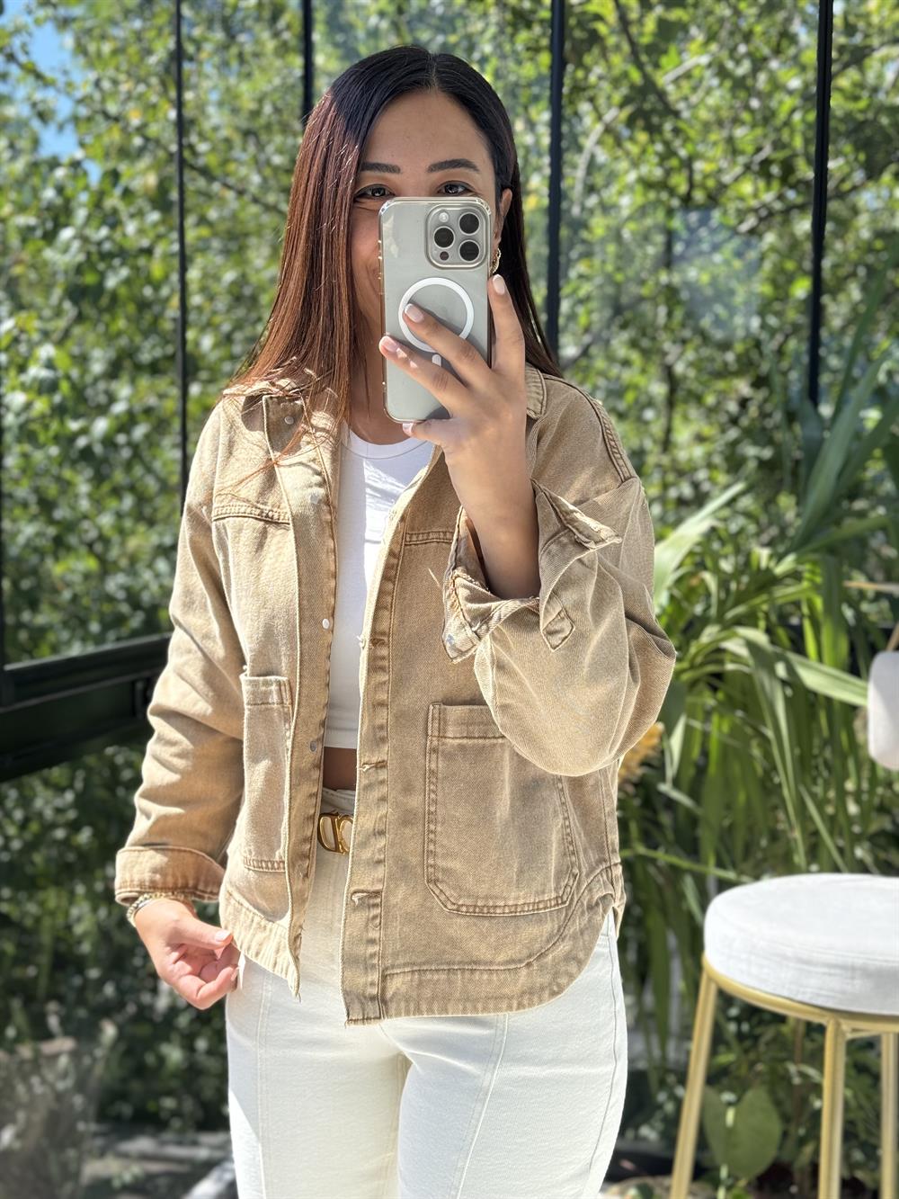 İki Cepli Denim Ceket Camel