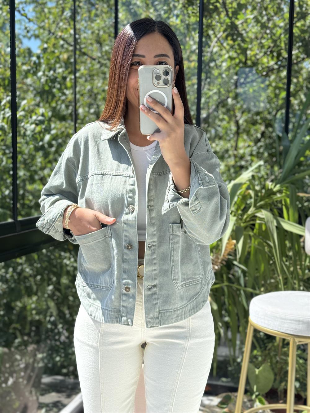 İki Cepli Denim Ceket Haki Yeşili