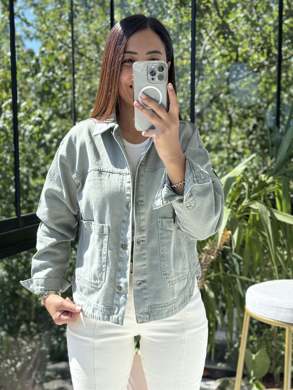 İki Cepli Denim Ceket Haki Yeşili