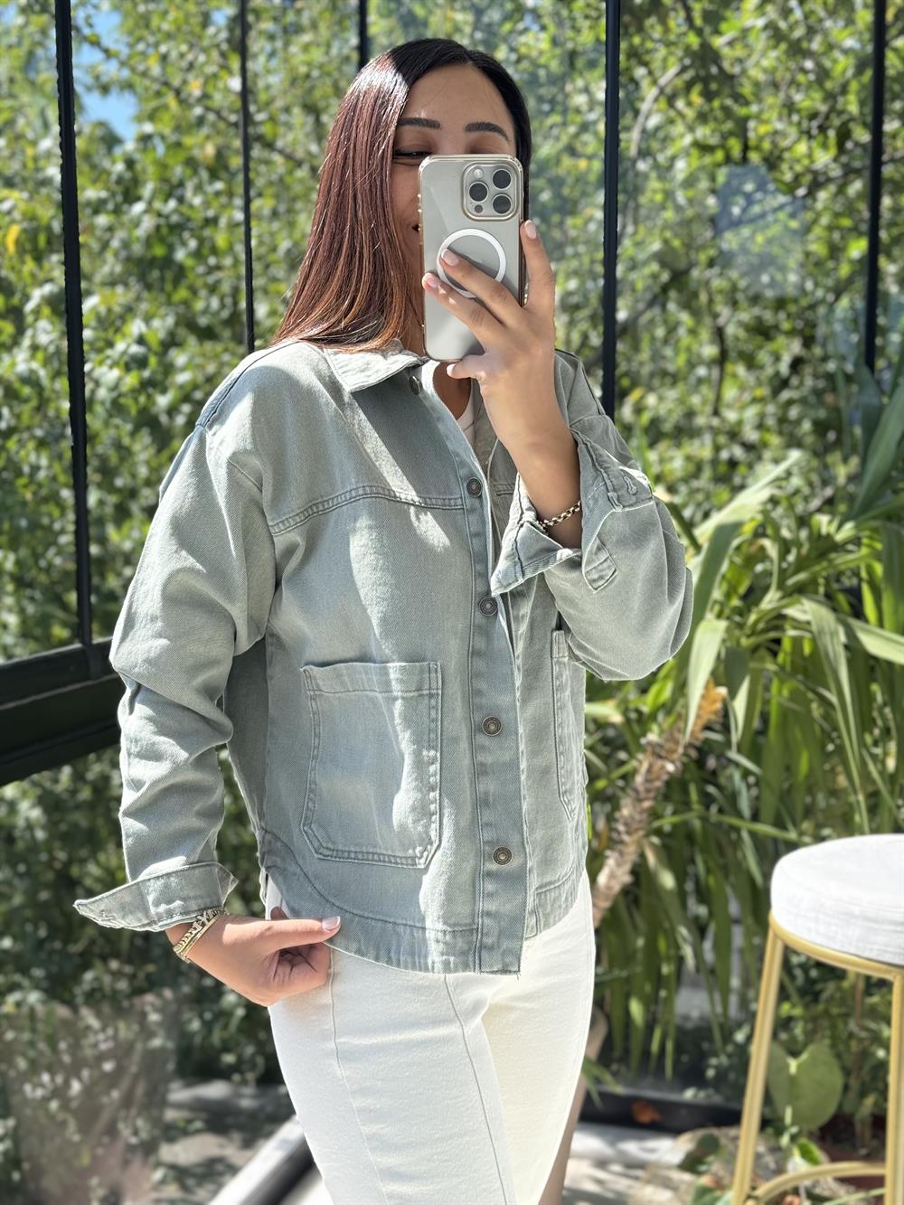 İki Cepli Denim Ceket Haki Yeşili