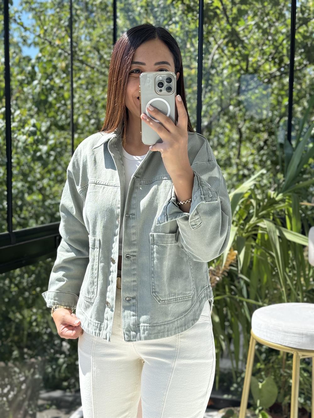 İki Cepli Denim Ceket Haki Yeşili