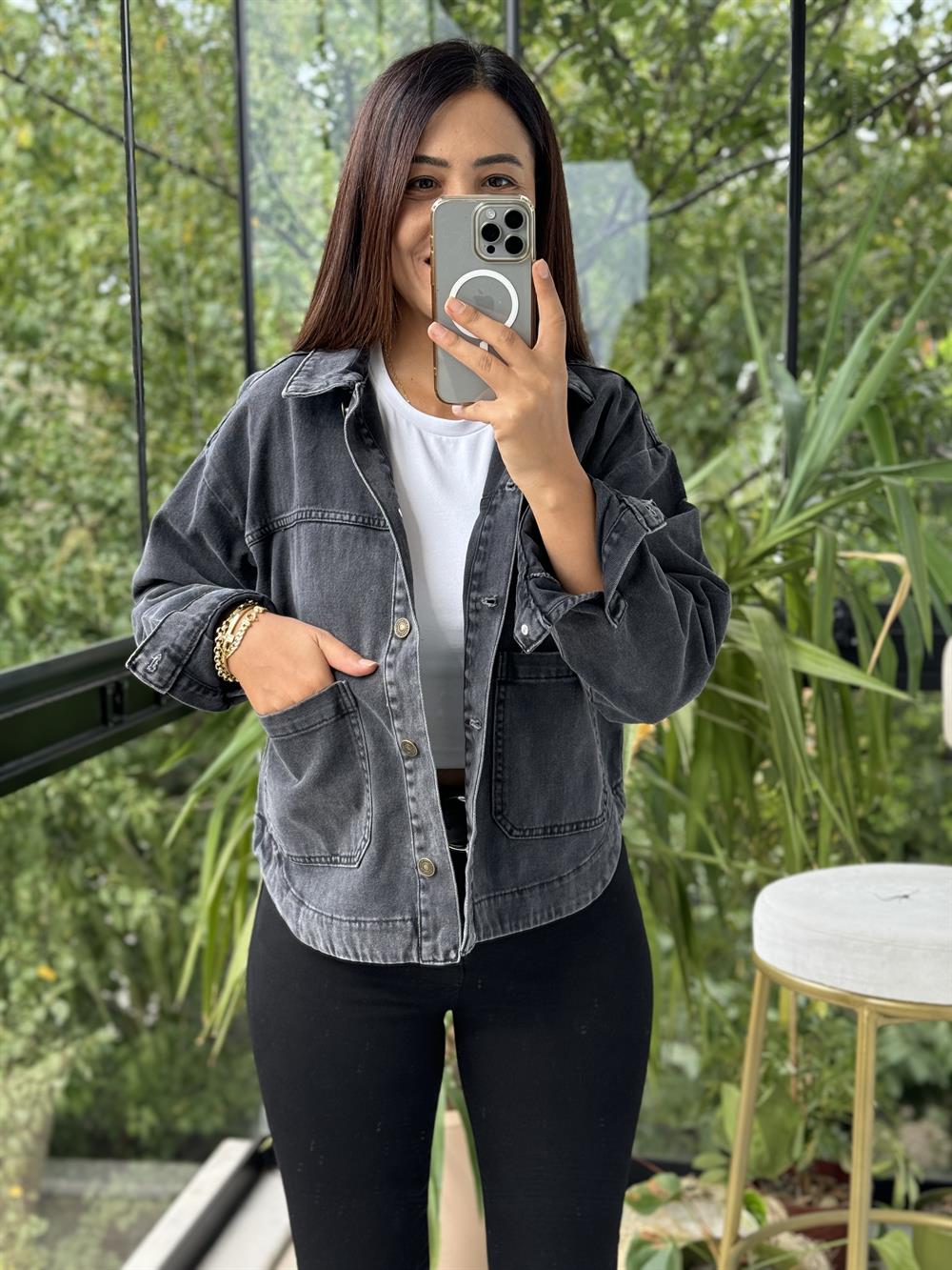 İki Cepli Denim Ceket Siyah