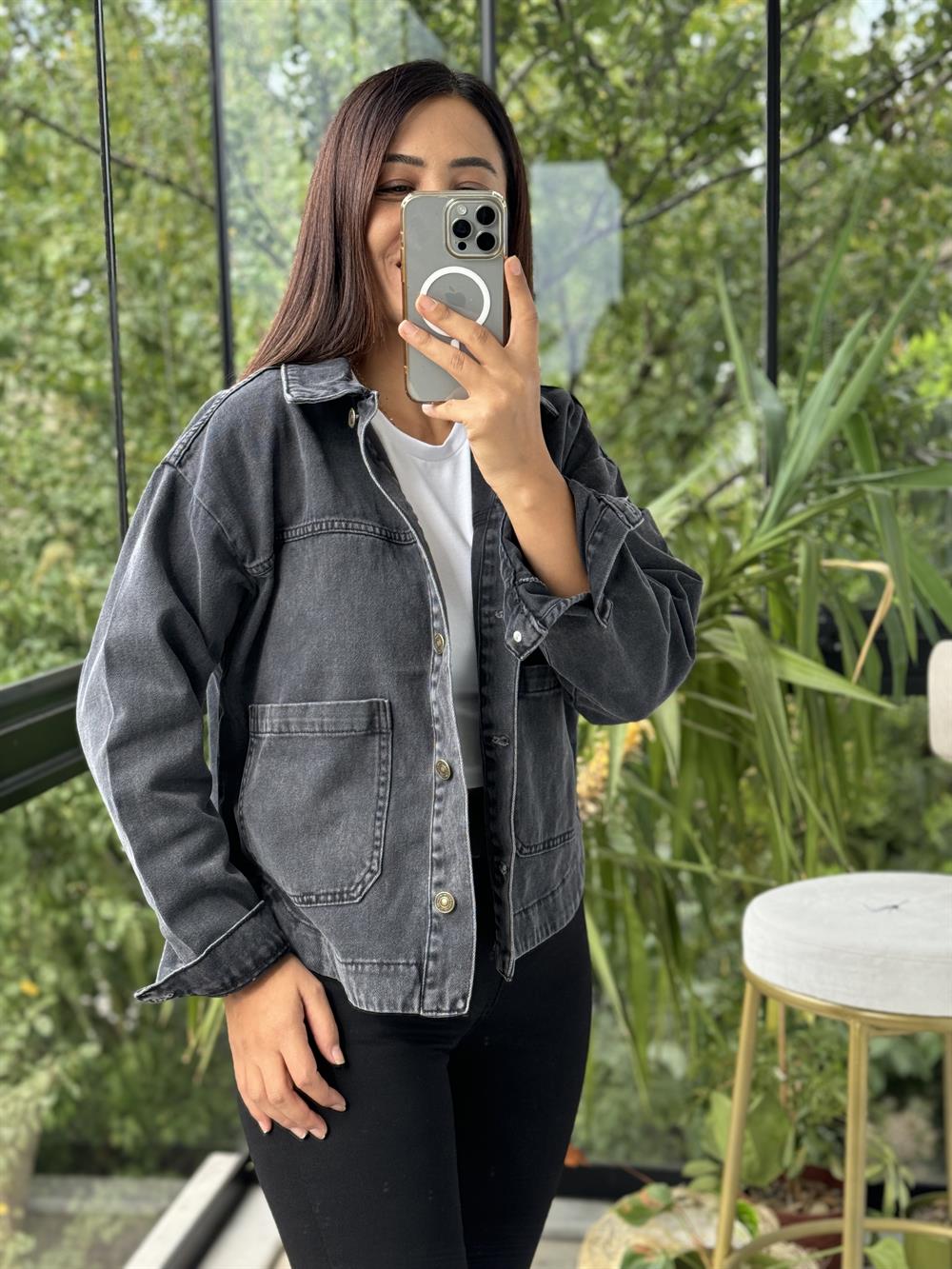 İki Cepli Denim Ceket Siyah