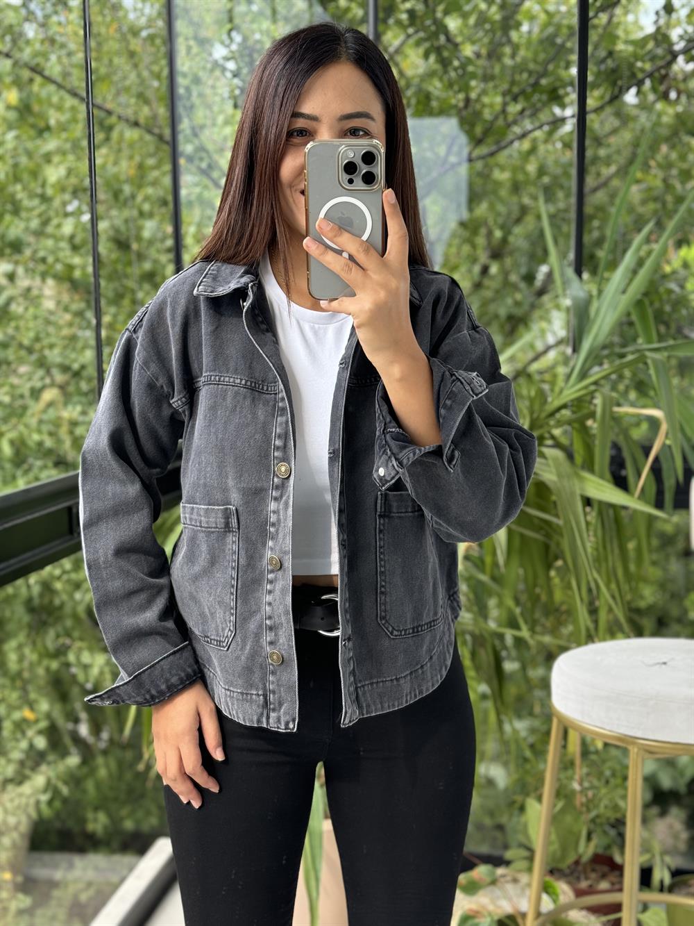 İki Cepli Denim Ceket Siyah