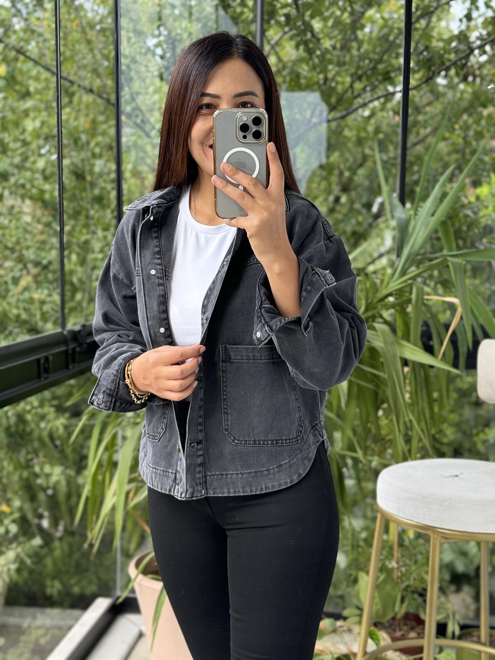 İki Cepli Denim Ceket Siyah