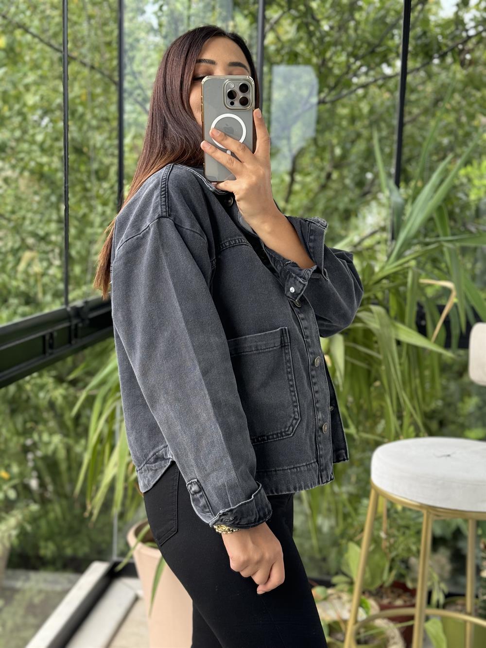 İki Cepli Denim Ceket Siyah