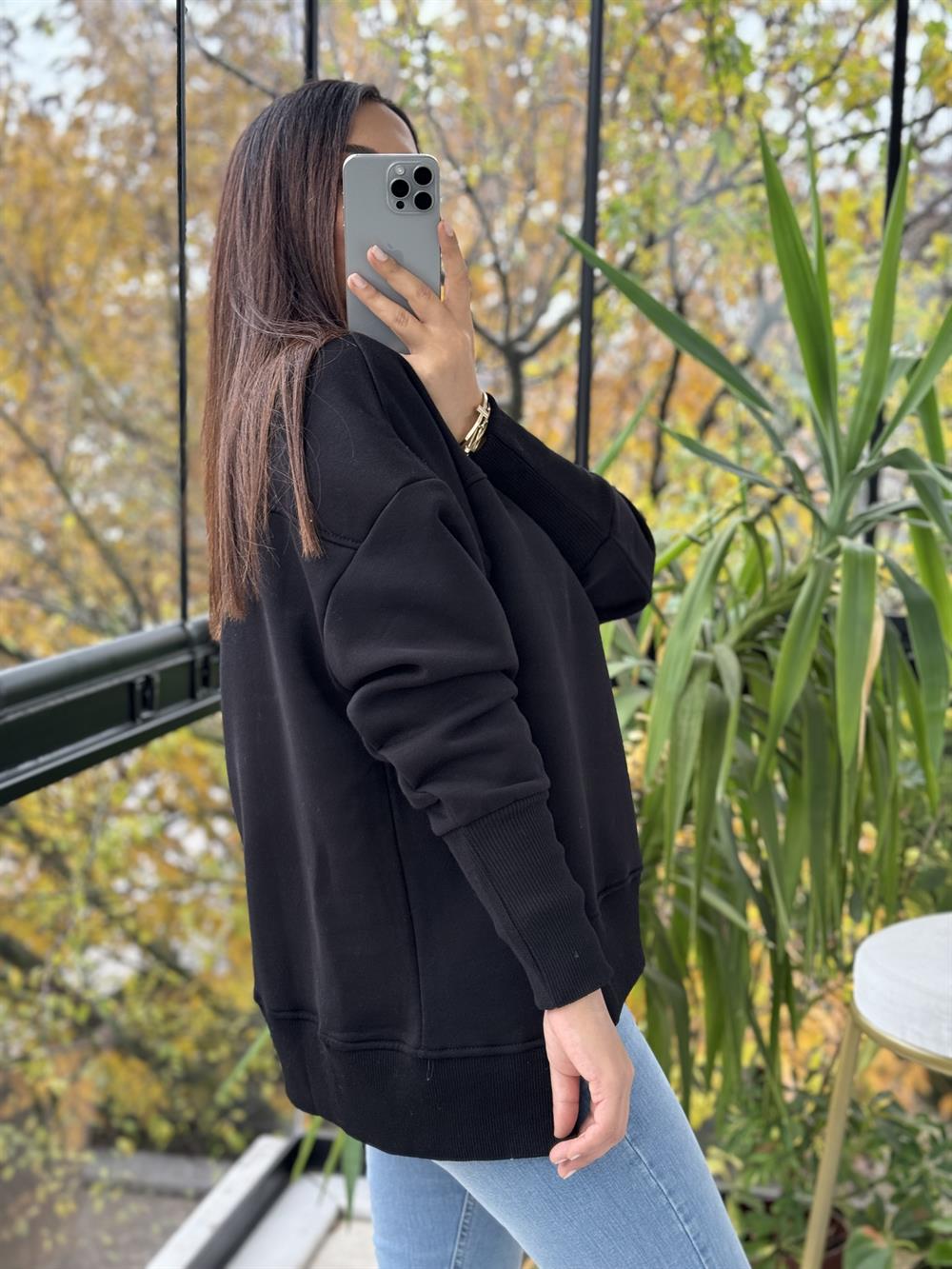 İki Önü Yırtmaçlı Sweatshirt Siyah