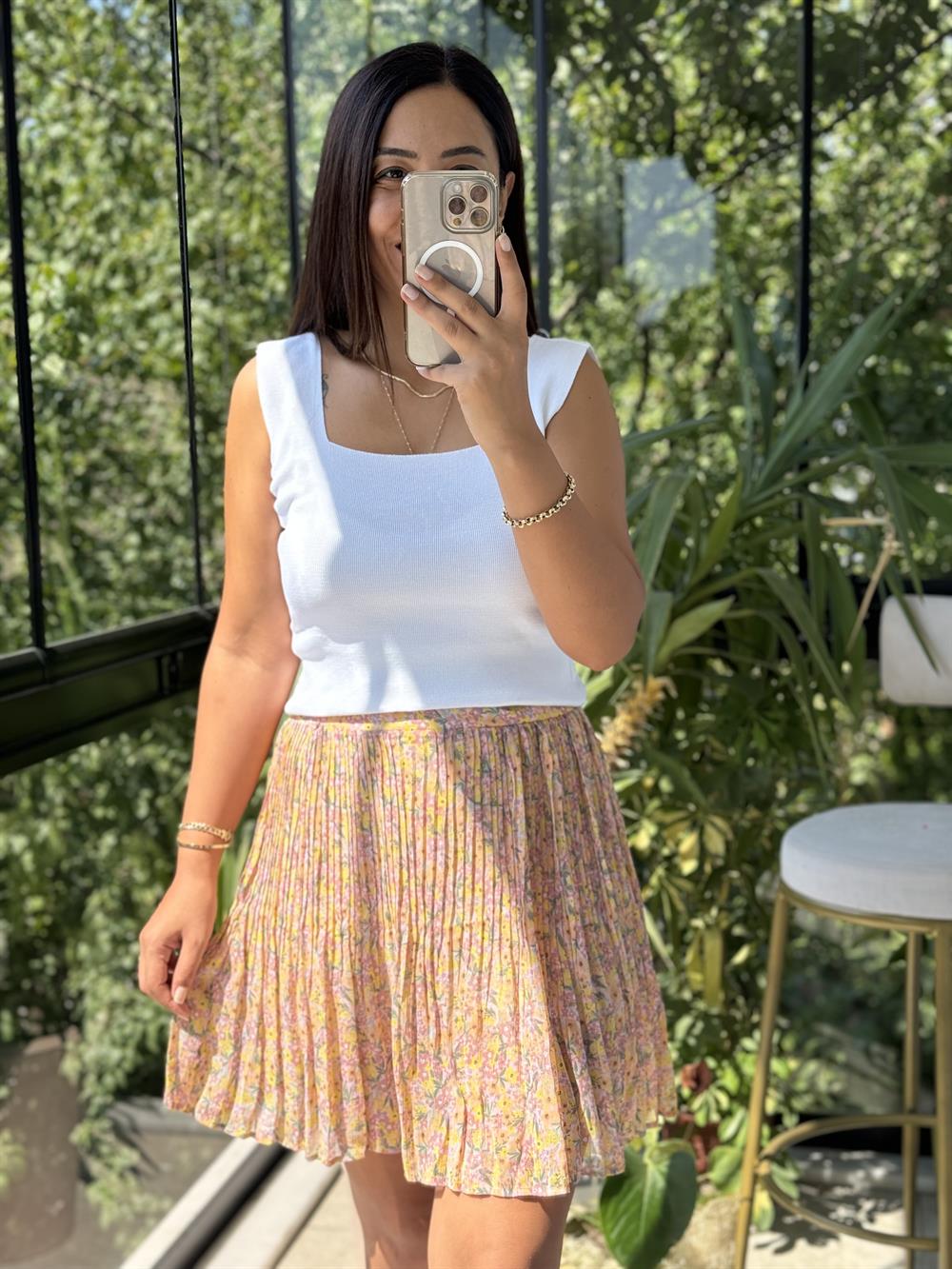 İnce Pileli Kısa Etek Somon