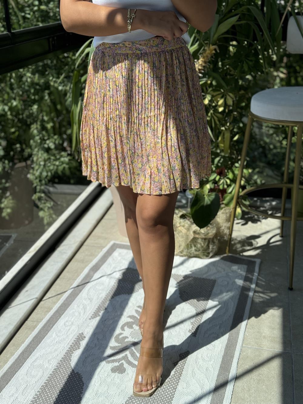 İnce Pileli Kısa Etek Somon