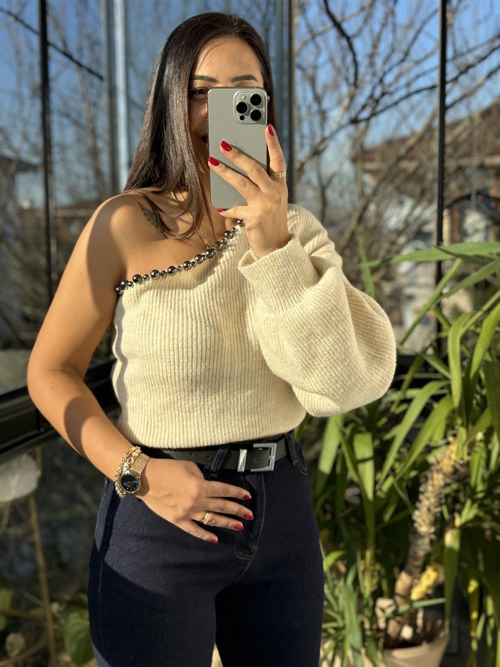 İnci Detaylı Triko Kazak Taş