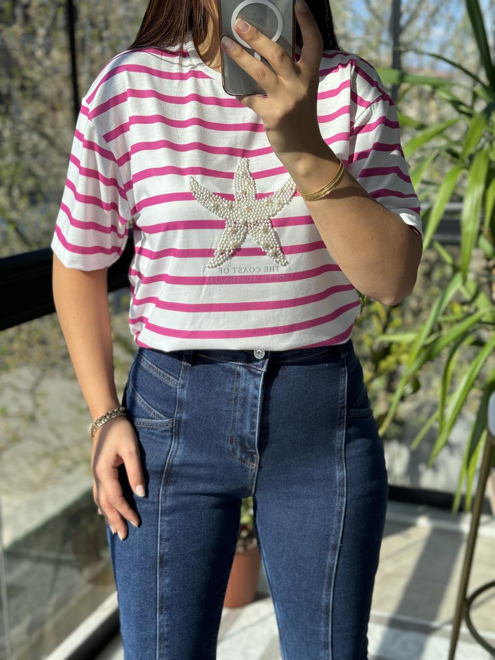 İnci Yıldız Tişört Pembe