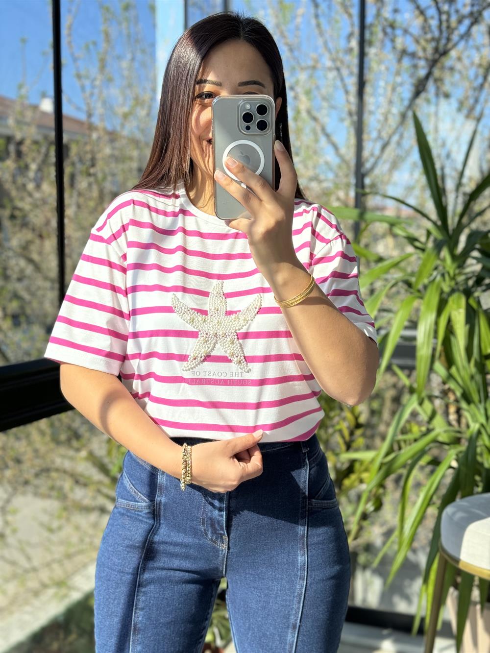 İnci Yıldız Tişört Pembe