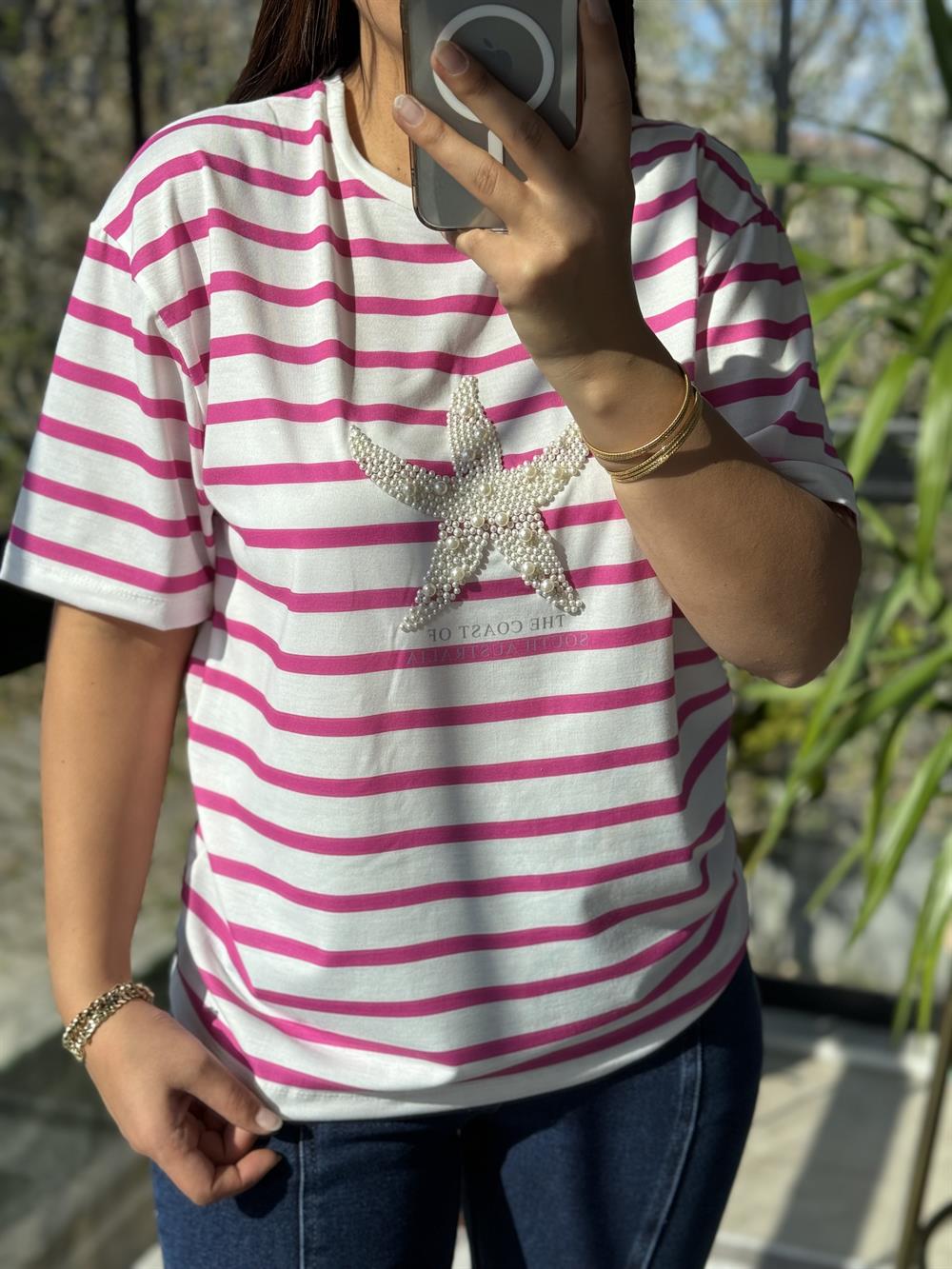 İnci Yıldız Tişört Pembe