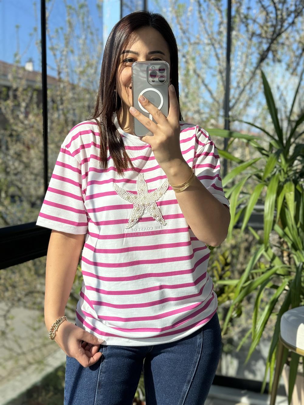 İnci Yıldız Tişört Pembe