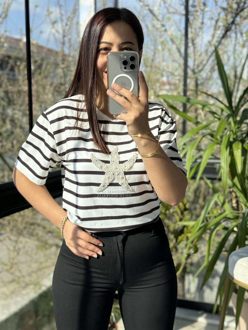 İnci Yıldız Tişört Siyah