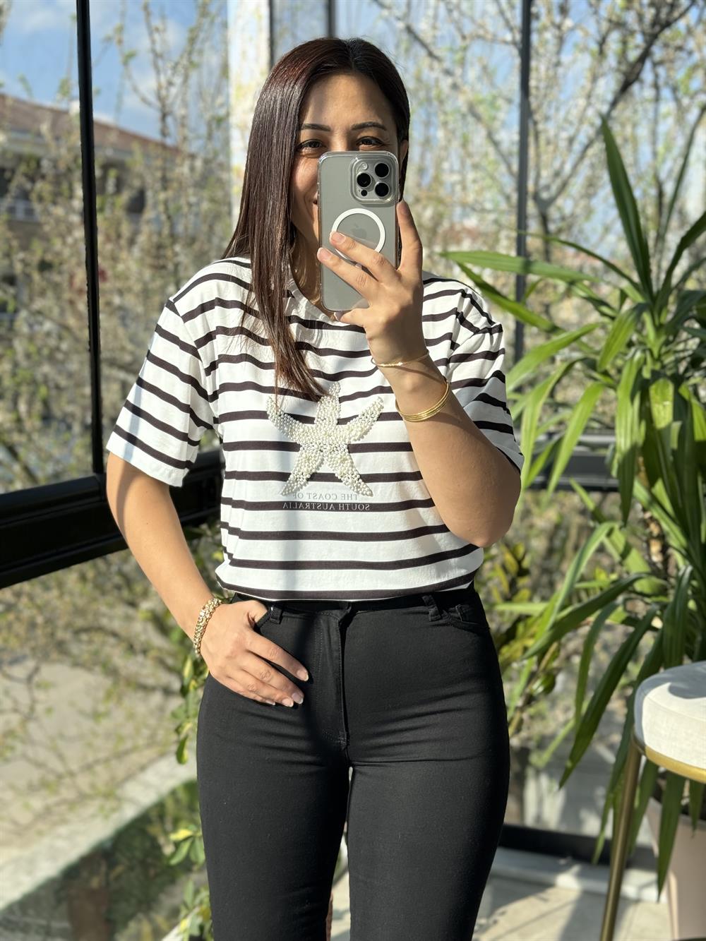 İnci Yıldız Tişört Siyah