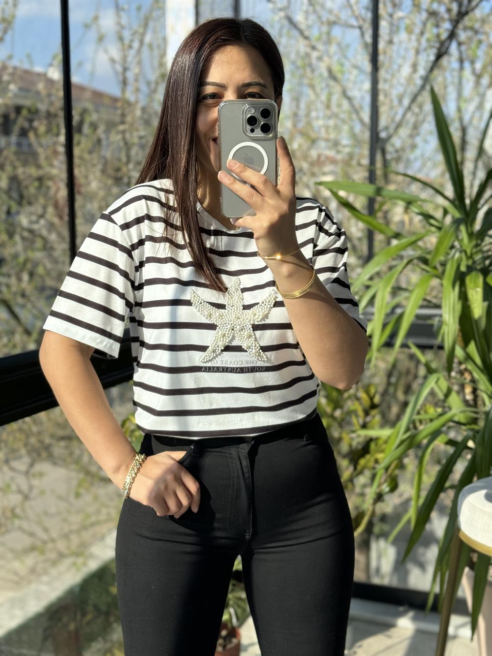 İnci Yıldız Tişört Siyah