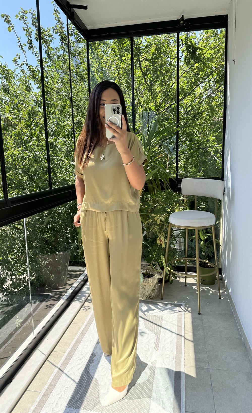 İpek Bluz Pantolon Takım Yağ Yeşili
