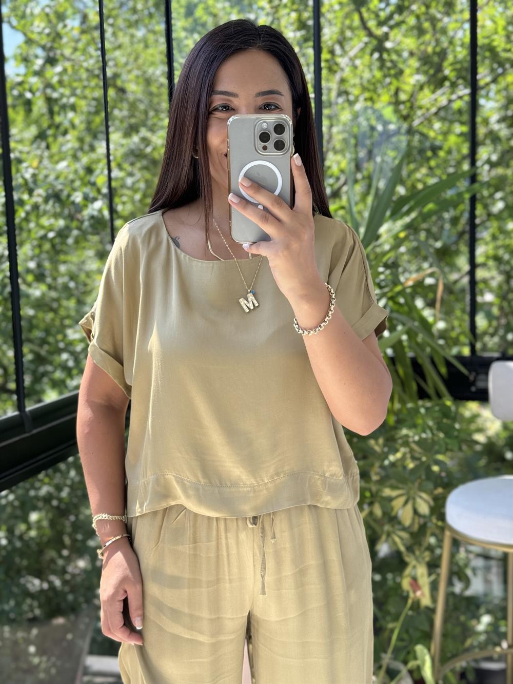 İpek Bluz Pantolon Takım Yağ Yeşili