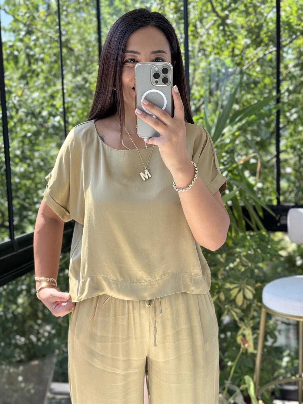 İpek Bluz Pantolon Takım Yağ Yeşili