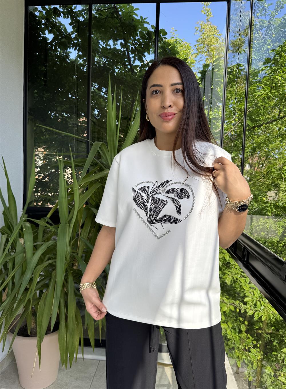 İpkyl Kalp Taşlı Tişört Beyaz