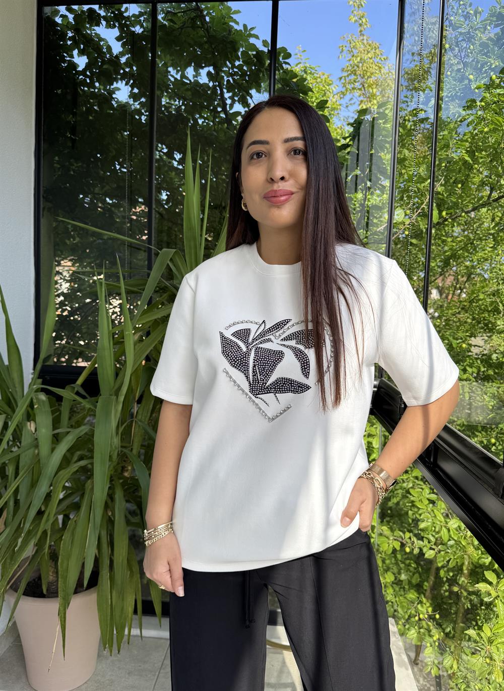 İpkyl Kalp Taşlı Tişört Beyaz