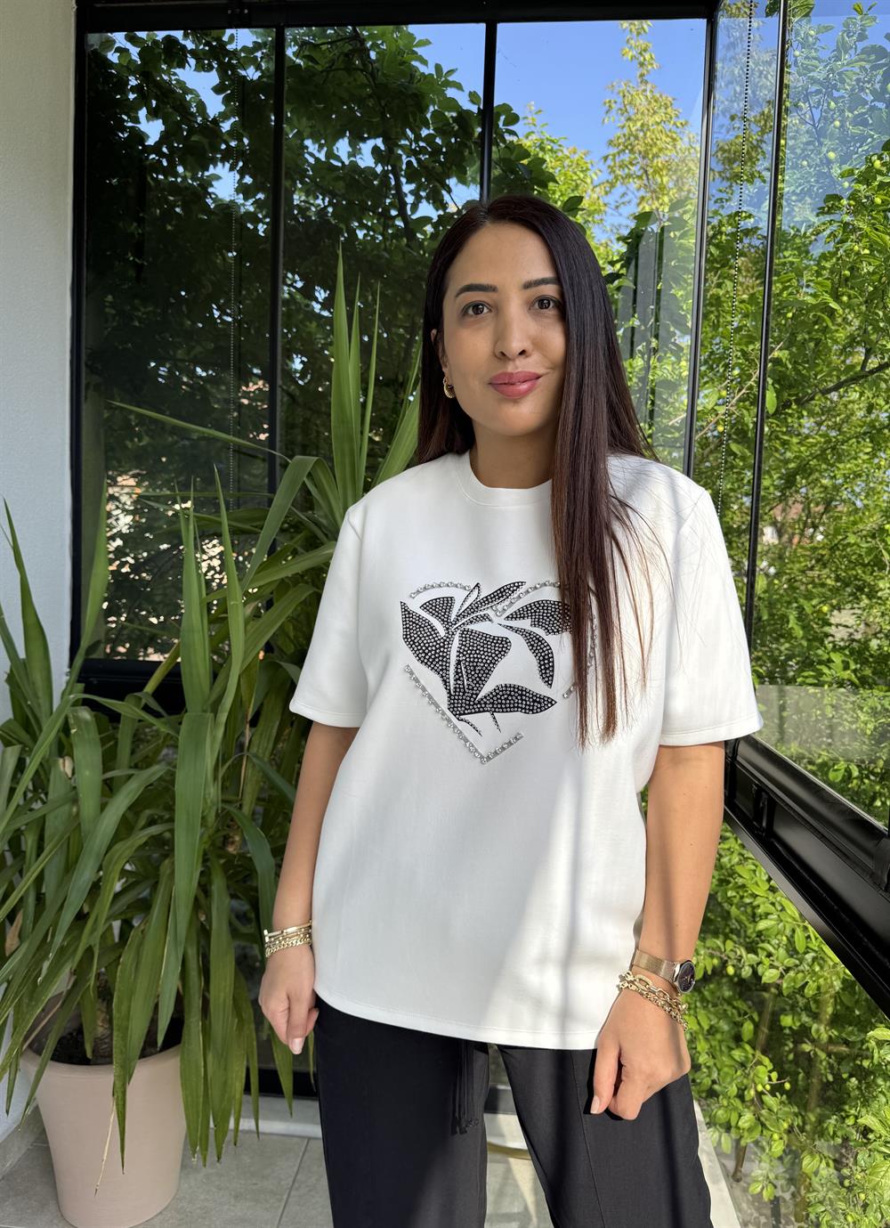 İpkyl Kalp Taşlı Tişört Beyaz