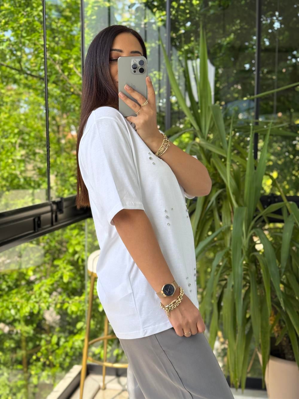 İpkyl Sıra Taşlı Tişört Beyaz