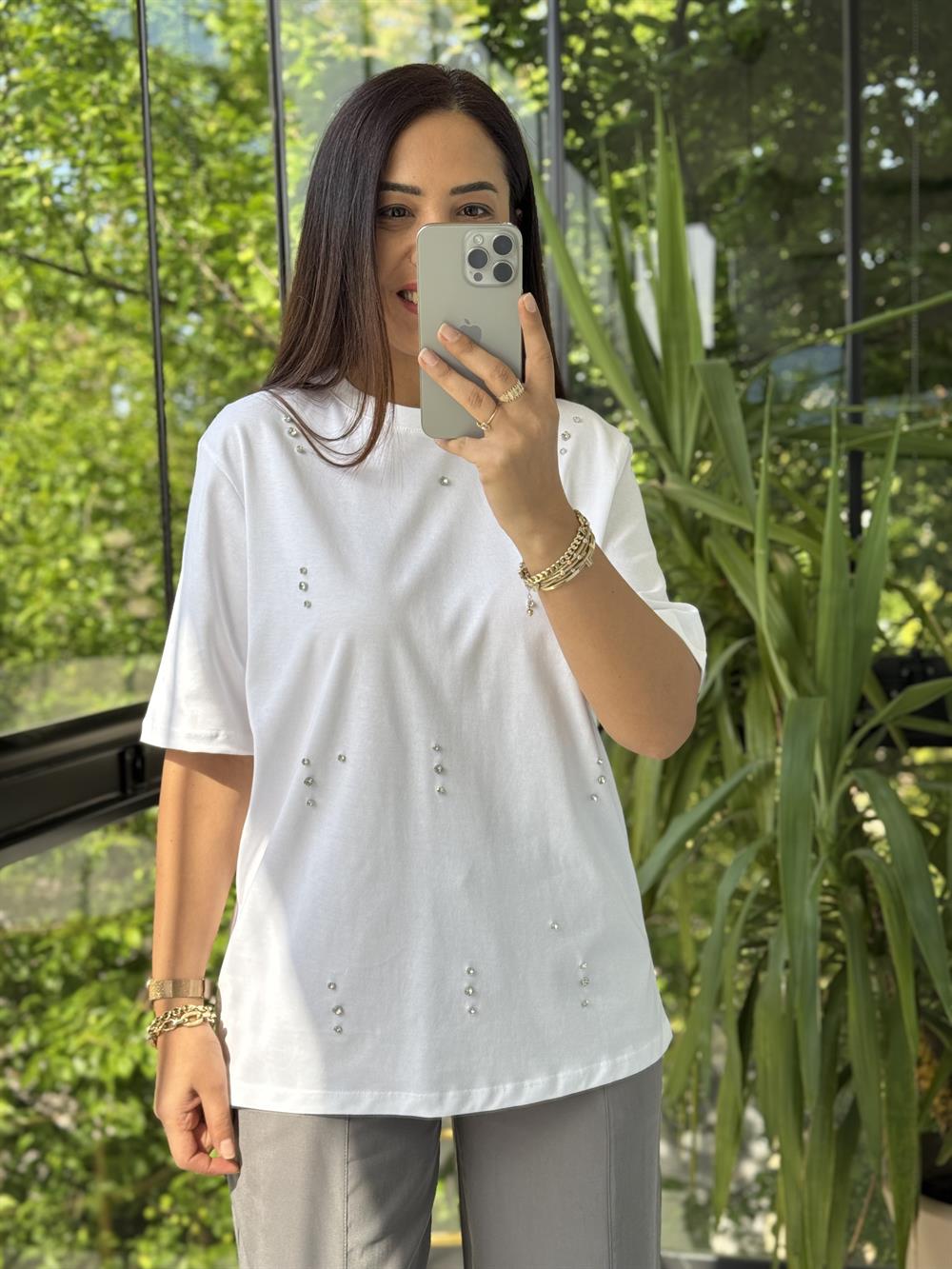 İpkyl Sıra Taşlı Tişört Beyaz