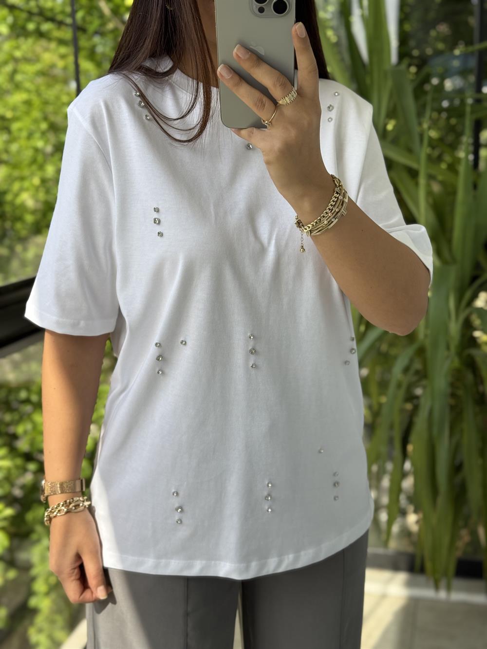 İpkyl Sıra Taşlı Tişört Beyaz